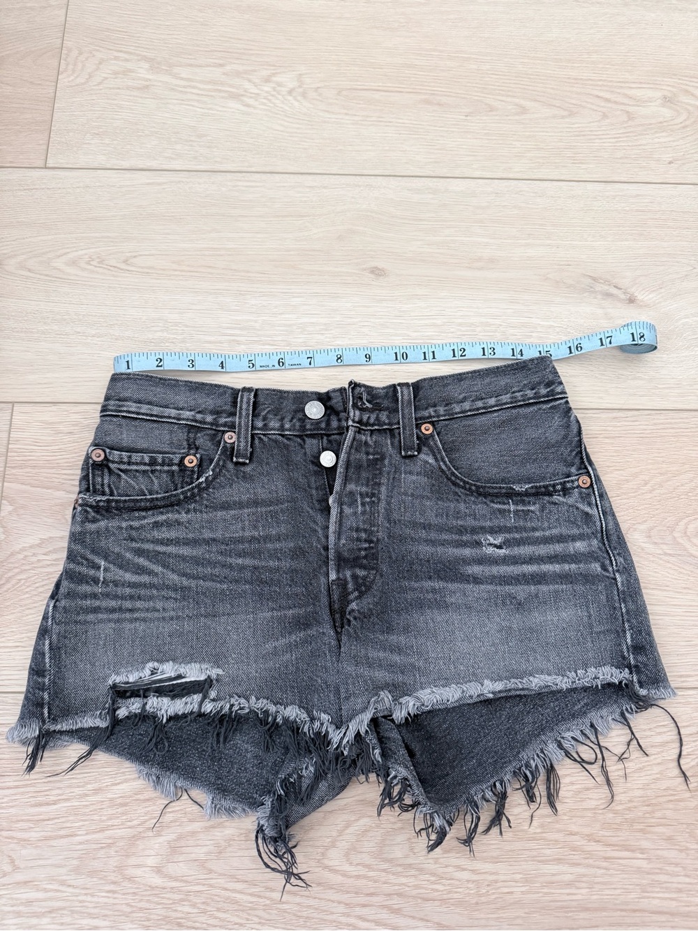 Levis 501 Washed Black High-Rise Frayed Hem Denim Shorts